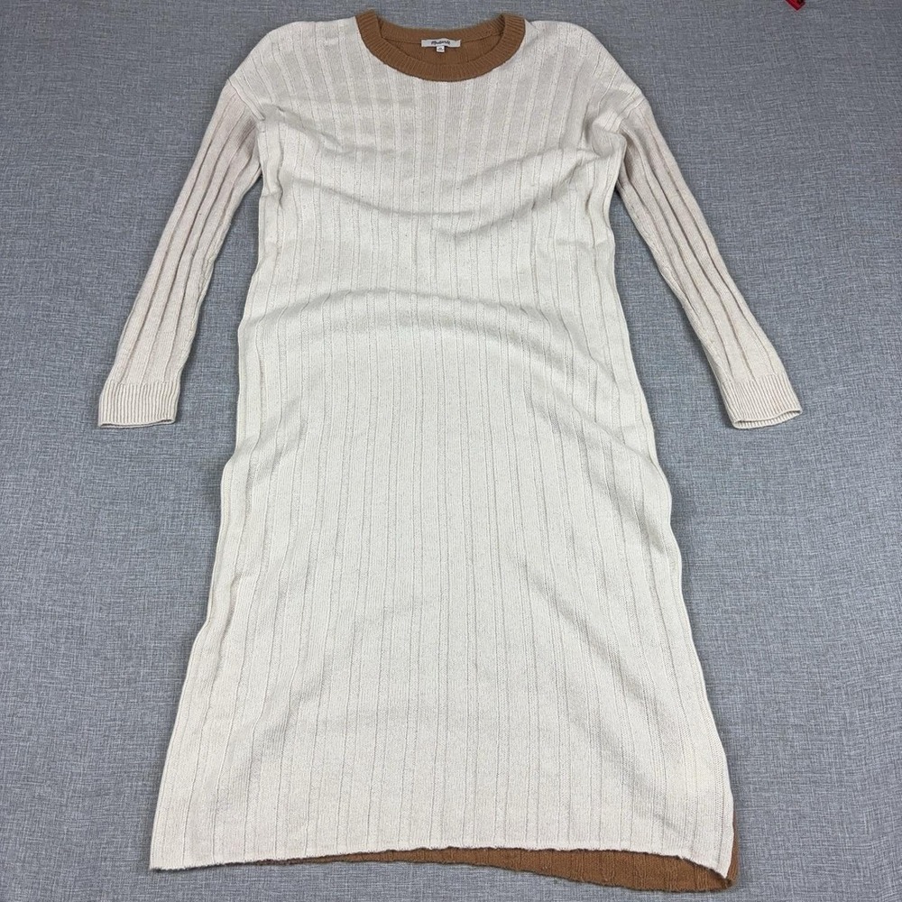 Madewell Sweater Dress Womens XS White Tan Ribbed Long Sleeve Knit Crew Neck
